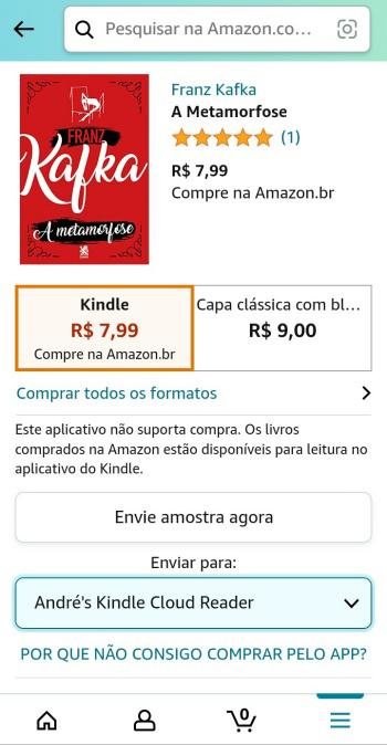O app da Amazon já recomenda ao usuário que finalize a compra do e-book no site.