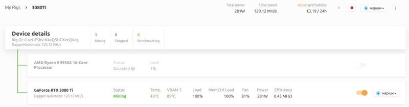 Resultado do desbloqueio do LHR realizado pelo programa da NiceHash.