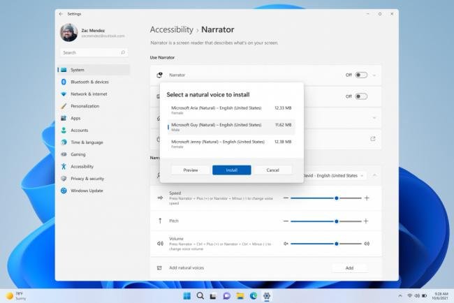 Novas opções de vozes no Narrador do Windows 11.