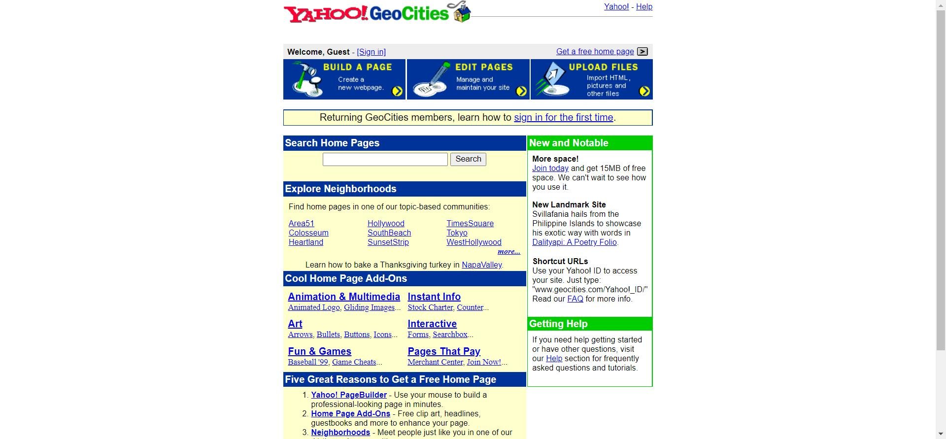 Exemplo de página na Web1, em 1999. (Fonte: Geocities, WebArchive / Reprodução)