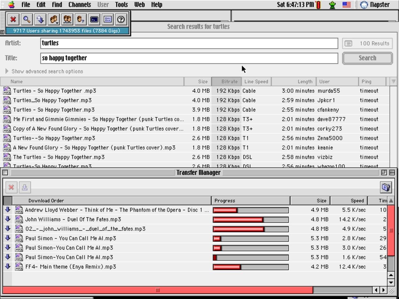 A interface original do Napster, um clássico da pirataria.