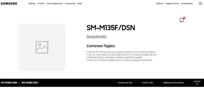 A página de suporte do Galaxy M13 5G já está no ar.