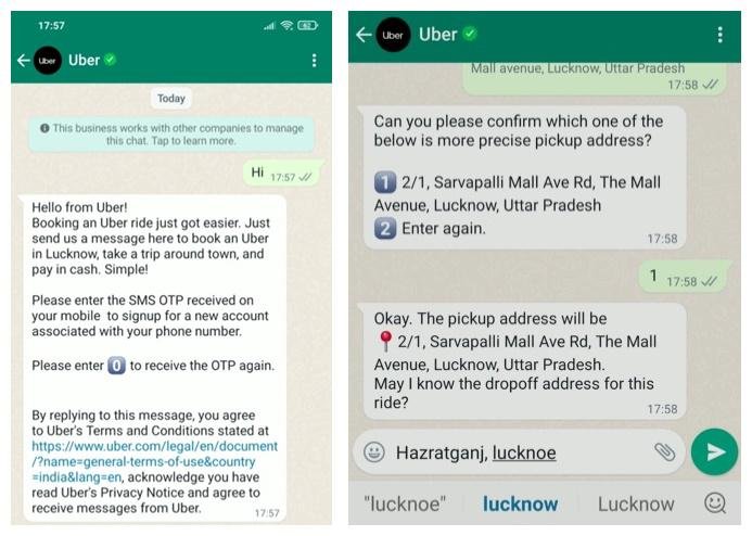 O funcionamento atual do chatbot do Uber na Índia.