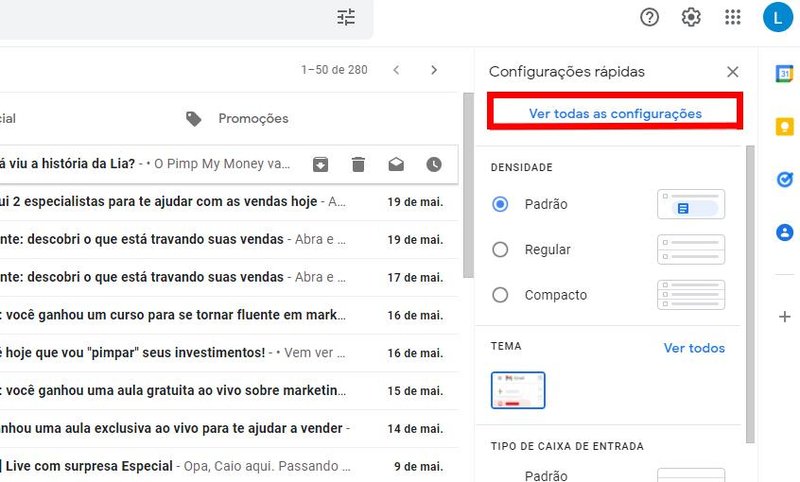 Selecione "Configurações" e "Ver todas as configurações"