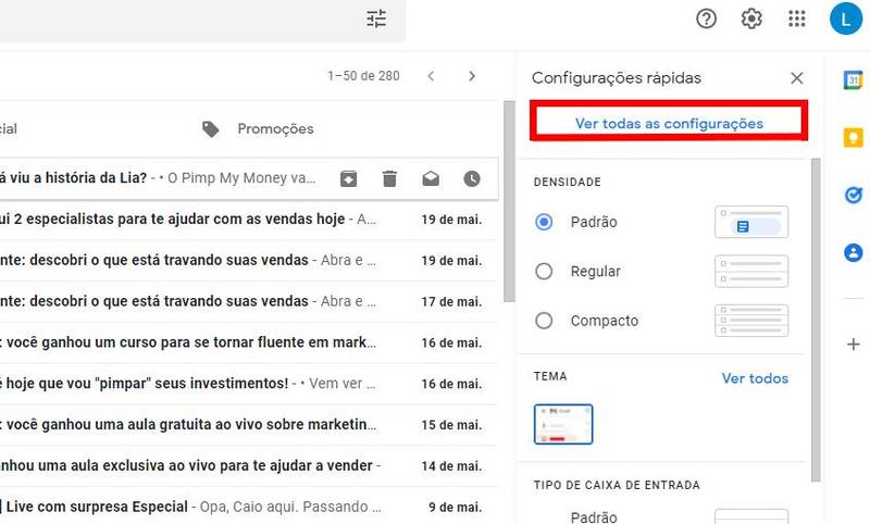 Selecione "Configurações" e "Ver todas as configurações"