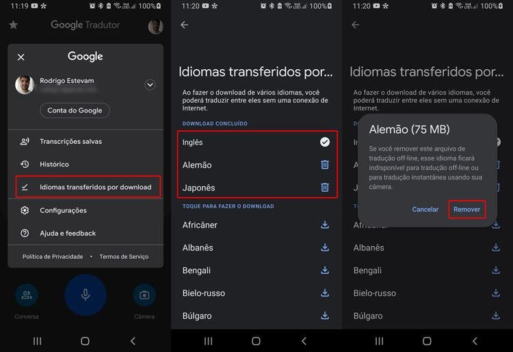 Você pode excluir ou atualizar idiomas baixados no app