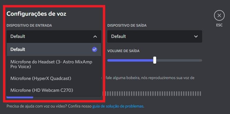 Na primeira opção é preciso escolher o microfone que será utilizado no Discord