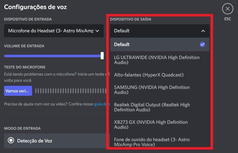 No Dispositivo de Saída, você pode utilizar desde fones de ouvido, até caixas de som