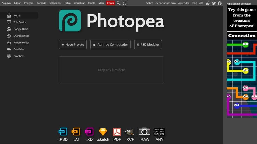 Alternativa gratuita ao Photoshop, o Photopea é uma ferramenta de edição de imagens que pode ser acessada pelo navegador de internet