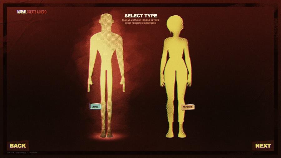 Jogo ia permitir selecionar gênero e tamanho do corpo do herói.