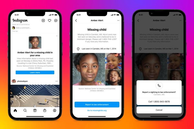 O alerta aparecerá no feed do Instagram, com informações importantes sobre a criança e o contato (Fonte: Meta/Divulgação)