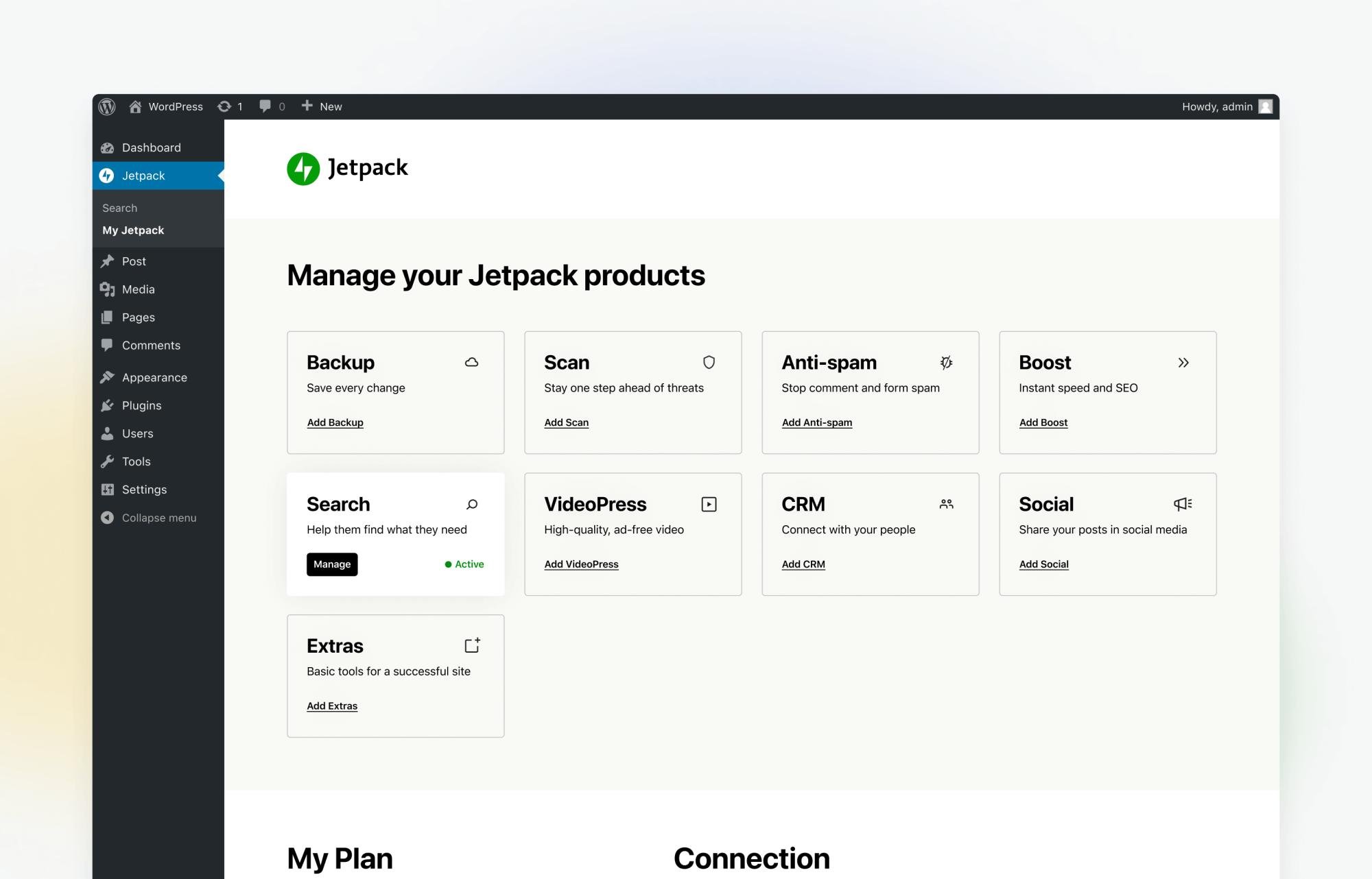 Interface de gerenciamento das ferramentas Jetpack dentro do WordPress. (Jetpack)