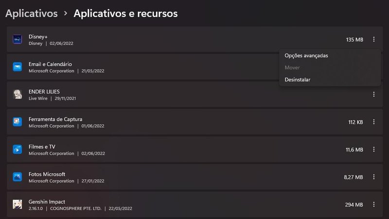 Configurações do Windows: Aplicativos e recursos. (Tecmundo)