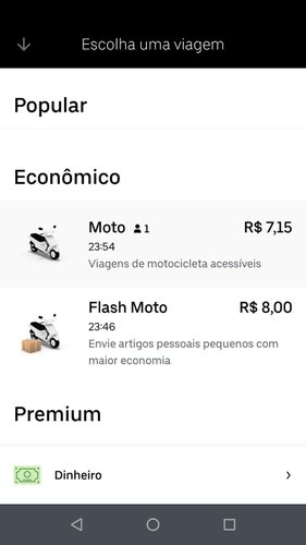 Área de seleção das opções com moto no aplicativo do Uber. (Fonte: TecMundo/Reprodução)