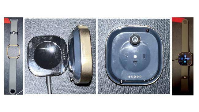 Protótipo vazado do smartwatch da Meta, que teria câmeras de 5 MP e 12 MP de resolução.