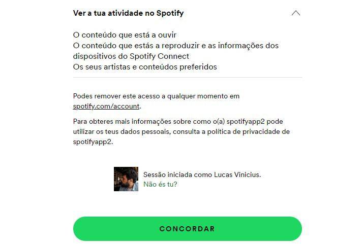 O primeiro passo é concordar com o acesso aos seus dados.