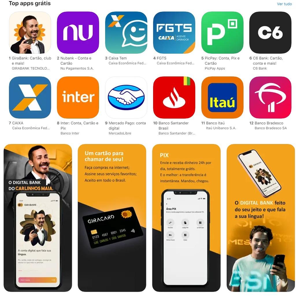 Capturas da App Store e das imagens de divulgação do Girabank feitas através da página web da loja da Apple.