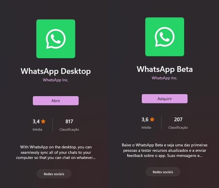 As duas versões do WhatsApp disponíveis na Microsoft Store podem ser encontrados facilmente pela barra de pesquisa. (TecMundo)