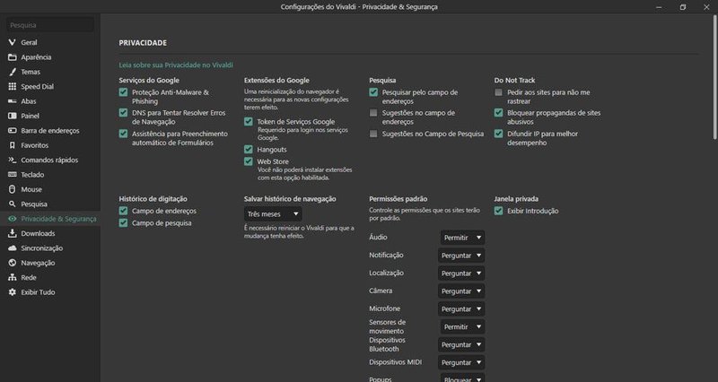 A tela de configurações do Vivaldi é bem menos intuitiva e amigável que a do Chrome