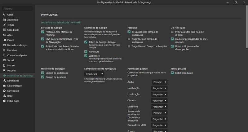 A tela de configurações do Vivaldi é bem menos intuitiva e amigável que a do Chrome