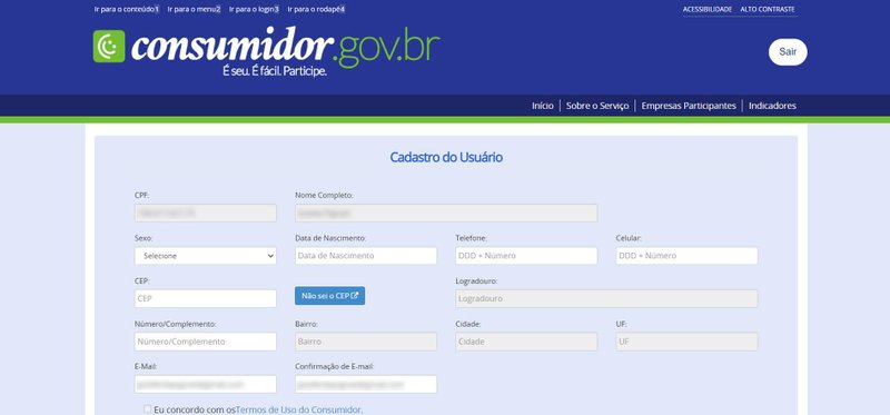 Aba para completar o cadastro (Fonte: Consumidor.gov.br/Reprodução)