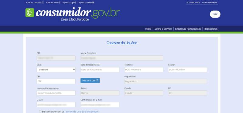 Aba para completar o cadastro (Fonte: Consumidor.gov.br/Reprodução)