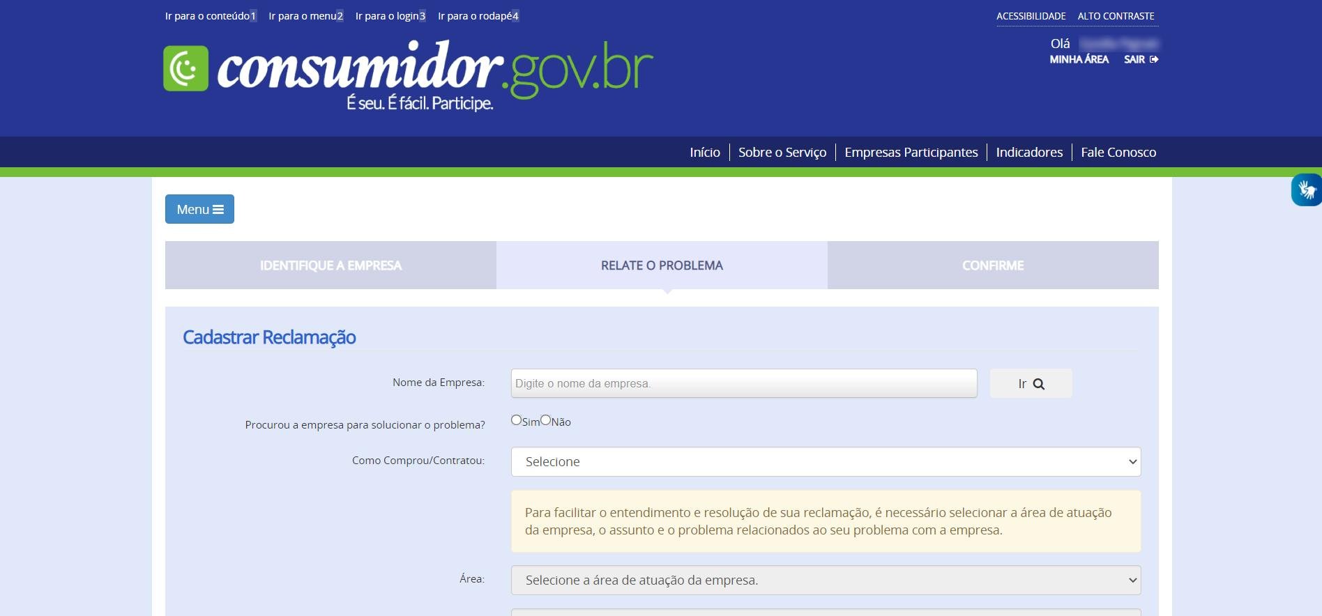 Página para registro da reclamação (Fonte: Consumidor.gov.br/Reprodução)
