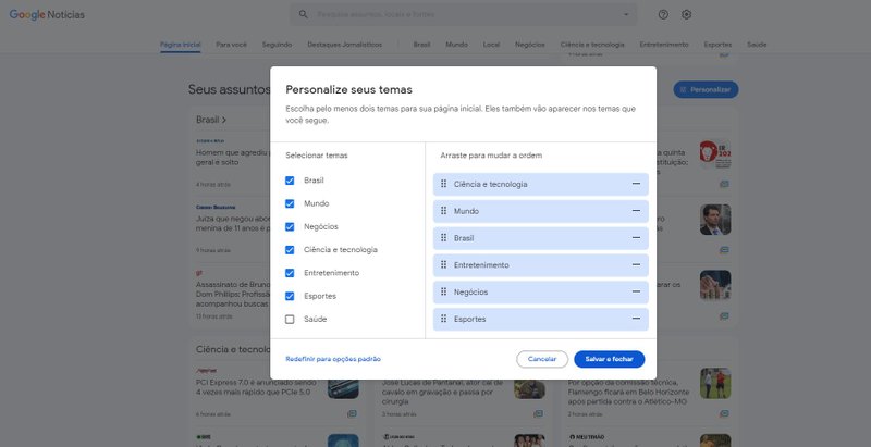 O botão de customização não move os blocos de notícias locais, principais e para você. (TecMundo)