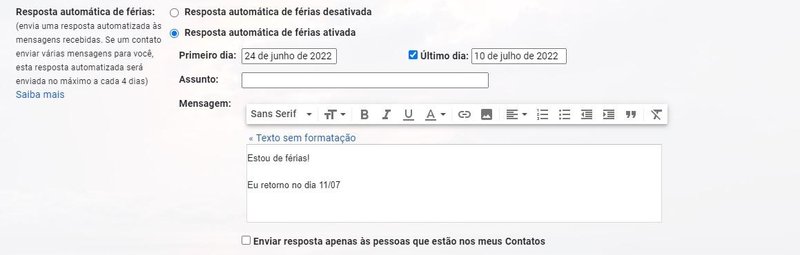 Para encontrar a opção de criar a sua resposta automática, é preciso descer até a última opção da lista