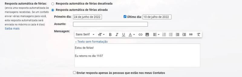 Para encontrar a opção de criar a sua resposta automática, é preciso descer até a última opção da lista