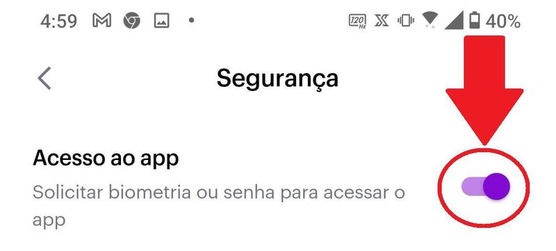 É preciso chavear a opção para ativar a biometria no aplicativo
