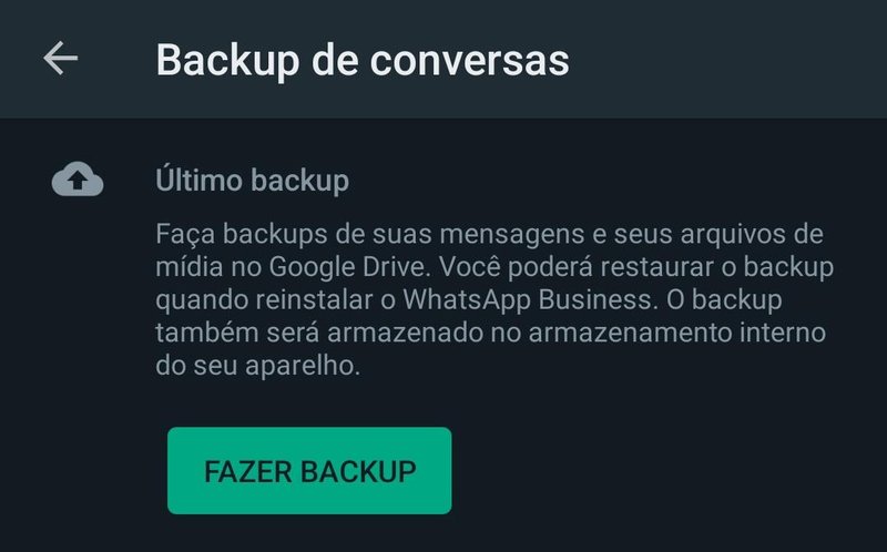 Aperte no botão verde caso queria fazer o backup imediatamente