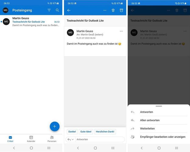 Interface da versão mais leve do Outlook para Android.