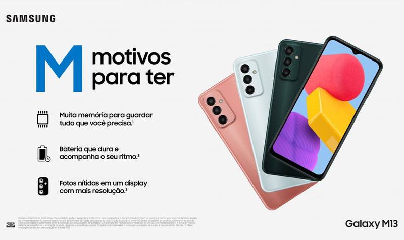 O Galaxy M13 está disponível a partir desta segunda-feira, 4 de julho de 2022.
