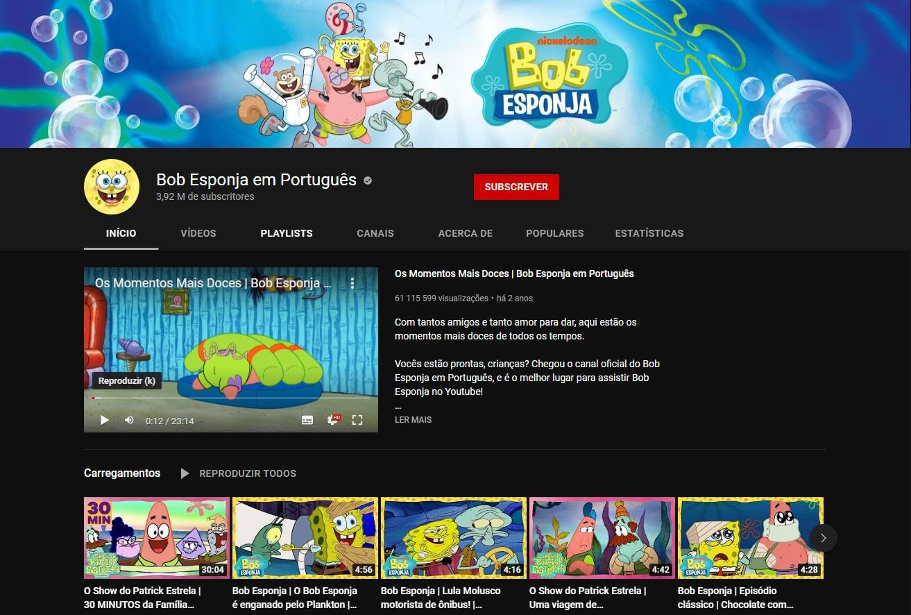 Canal de desenhos do Bob Esponja em português conta com quase 4 milhões de inscritos