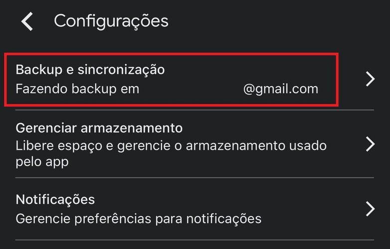 Na primeira opção é possível configurar o backup do app