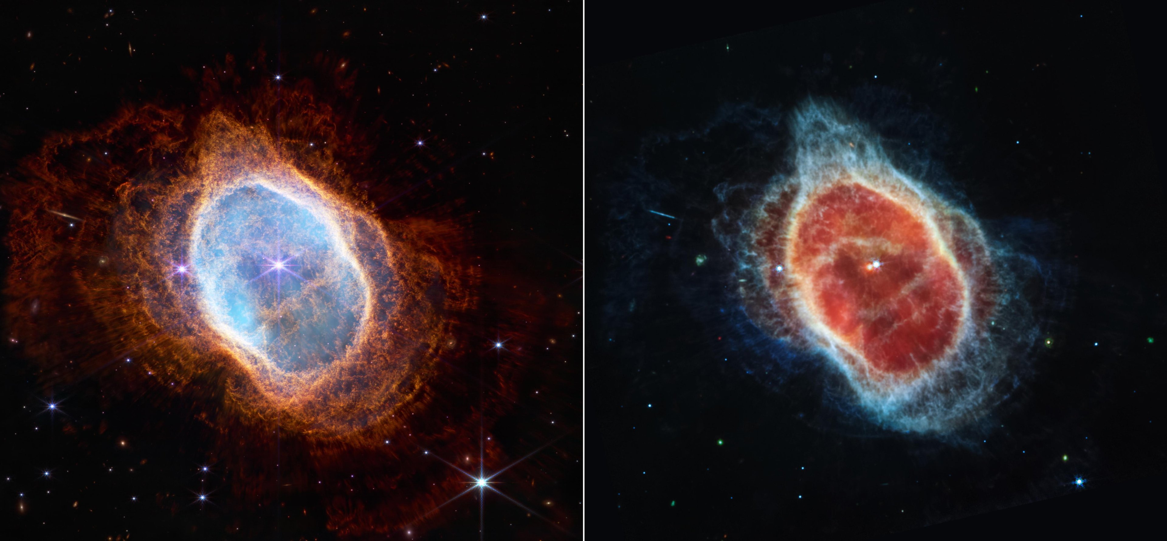 Duas imagens foram divulgadas da nebulosa Anel do Sul, com os equipamento NIRCam, à esquerda, e MIRI, à direita (Fonte: NASA/ESA/CSA/STScI)