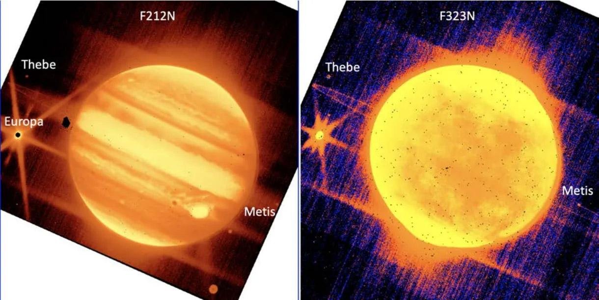 Imagem de banda estreita mostrando Júpiter, suas luas e anel. (Fonte: NASA/ESA/CSA/STScI/Reprodução.)