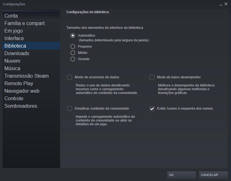 Configurações da "Biblioteca" do Steam.