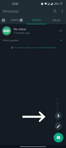 O ícone do microfone já aparece na aba "Status" do WhatsApp Beta para Android.