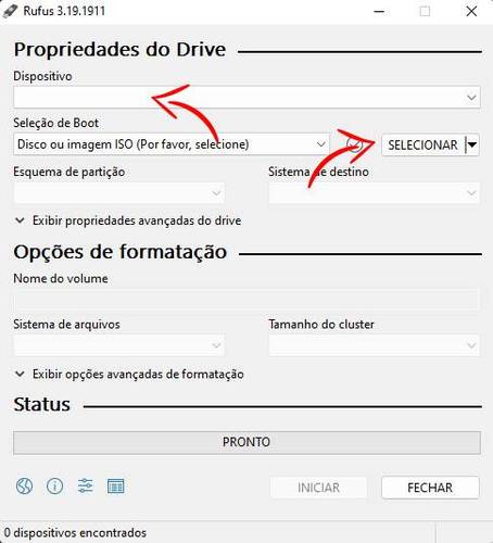 Interface do Rufus para criar seu dispositivo de instalação. (TecMundo)