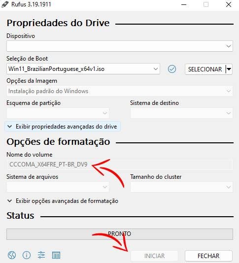 Interface do Rufus para criar seu dispositivo de instalação. (TecMundo)