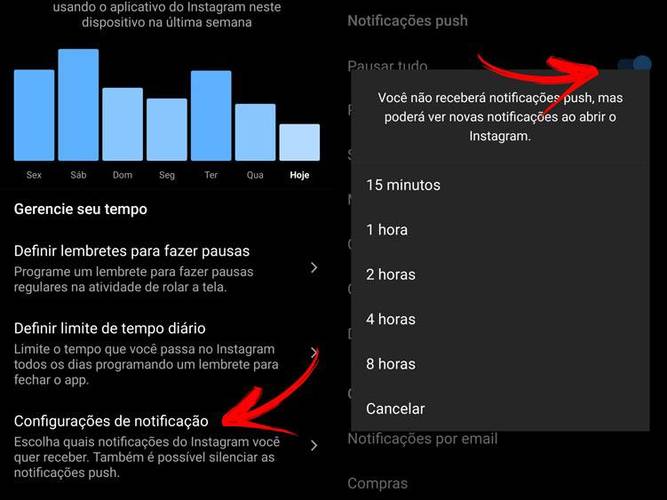 O app do Instagram também permite interromper temporariamente o recebimento de notificações push no celular