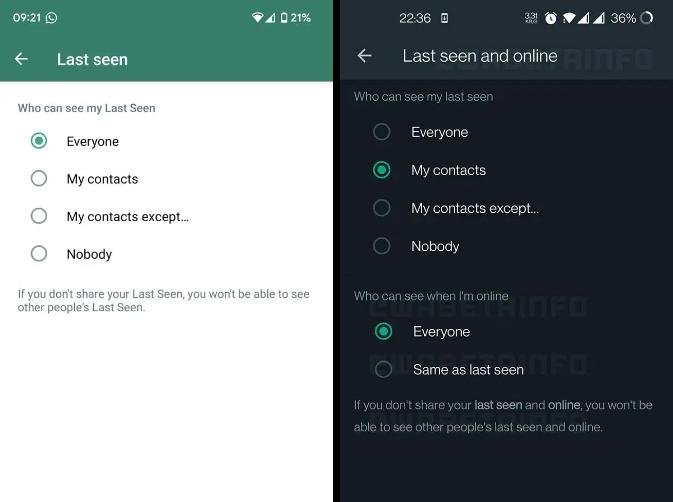 Diferença do menu de privacidade com a atualização v2.22.16.12 do WhatsApp beta para Android. (9to5google | WABetaInfo)