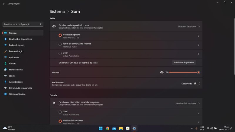 Tela de Configurações de Som, no Windows 11. (Fonte: Adriano Camacho, TecMundo)