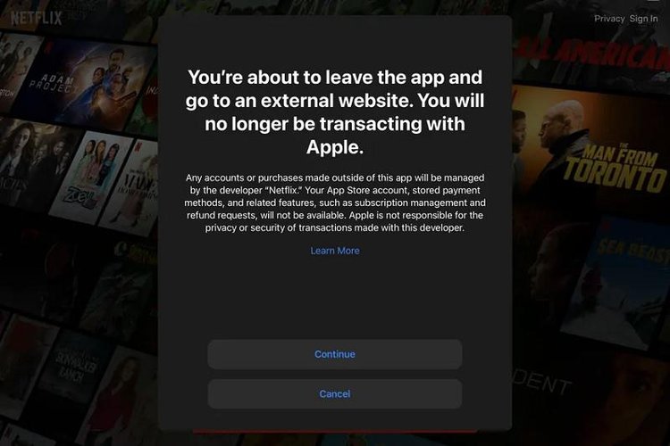 Nova tela do app da Netflix avisa que usuário será direcionado para outra página.