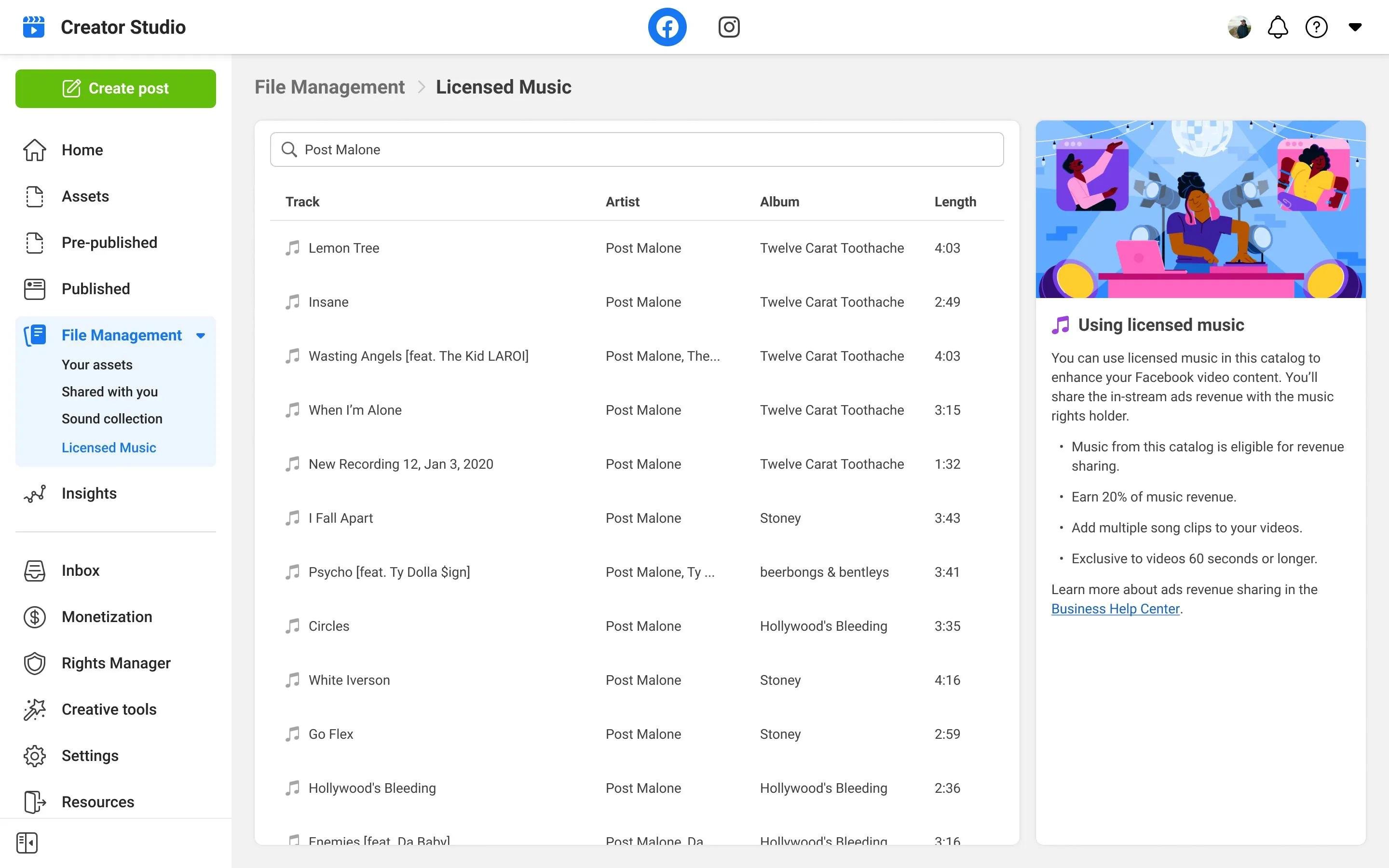Captura de tela da plataforma com as músicas disponíveis para serem monetizadas (Fonte: Meta/Reprodução)