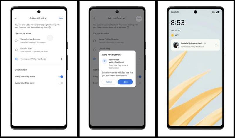 Opções para ligar notificações de chegada e saída no Google Maps.