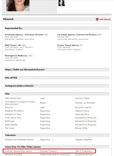 Listagem de jogo da Rockstar Games ainda aparece no currículo da atriz via Internet Archive