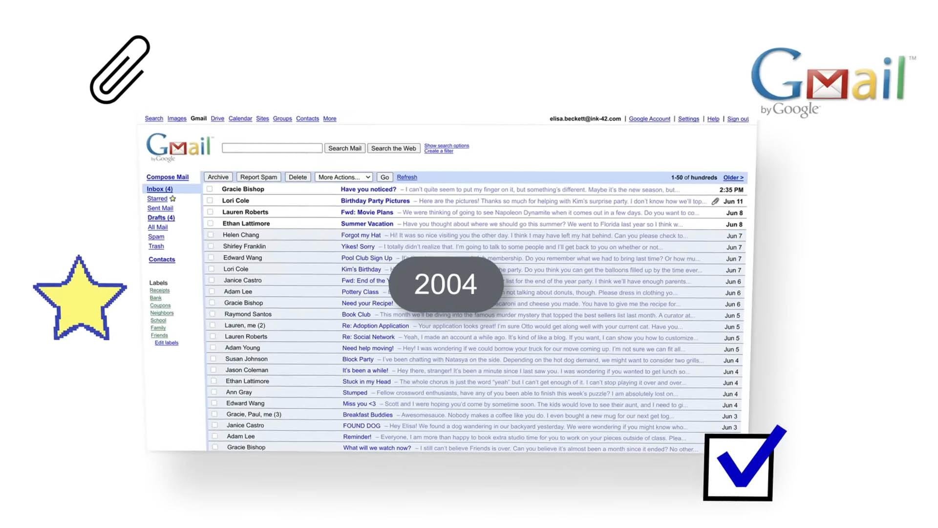 Interface do Gmail em 2004, adotando elementos mais simples para agilizar o carregamento das páginas. (Fonte: Google / Reprodução)